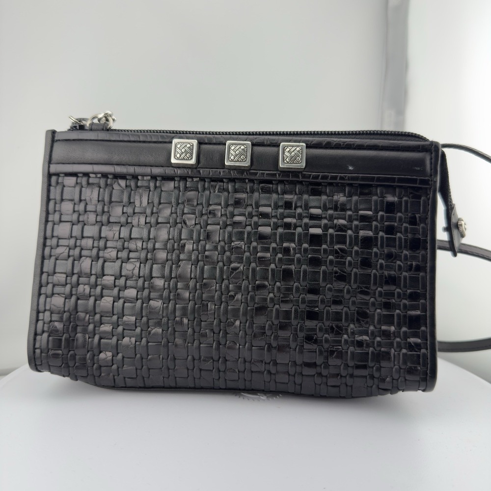 Vtg Brighton Crossbody Purse Black Romag Embossed Leather Organizer Weave Accent - Picture 3 of 14